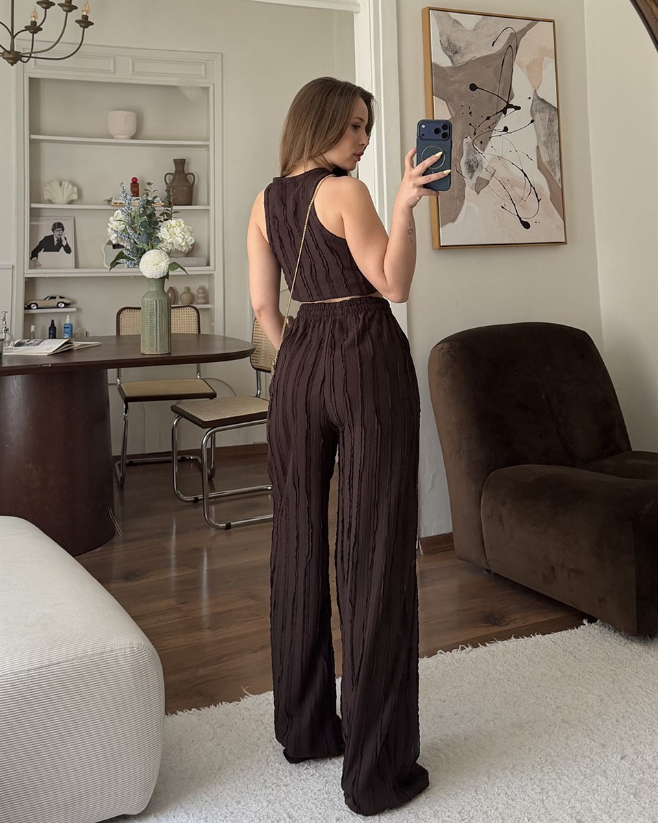 Kahverengi Fitilli Crop Bluz Palazzo Pantolon Takım