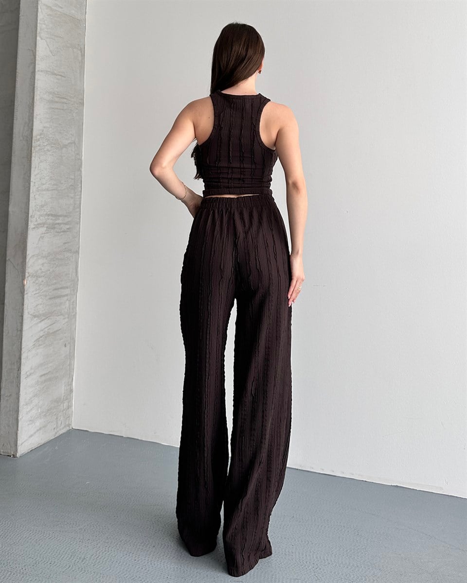 Kahverengi Fitilli Crop Bluz Palazzo Pantolon Takım