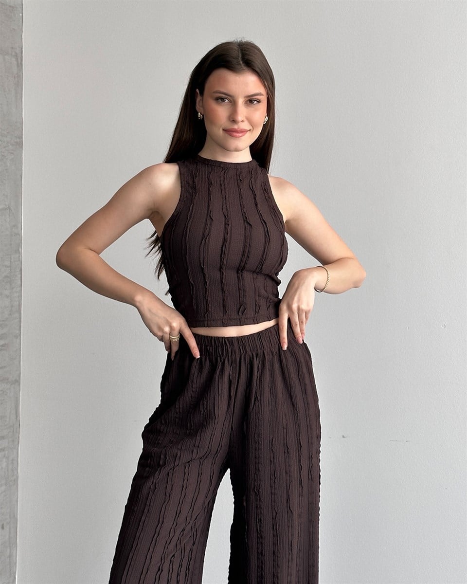 Kahverengi Fitilli Crop Bluz Palazzo Pantolon Takım