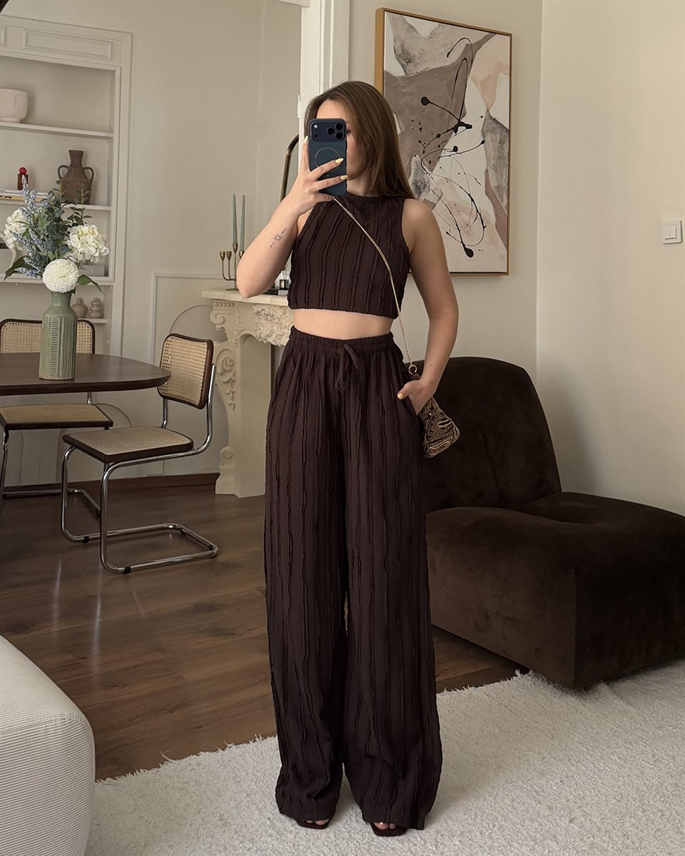 Kahverengi Fitilli Crop Bluz Palazzo Pantolon Takım