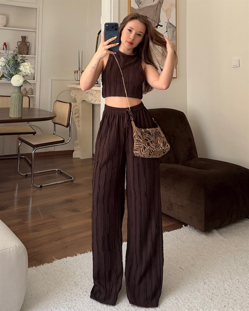 Kahverengi Fitilli Crop Bluz Palazzo Pantolon Takım