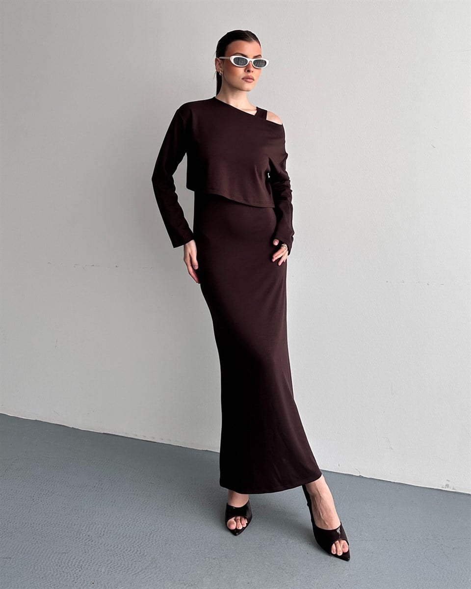 Kahverengi İki Parça Maxi Elbise