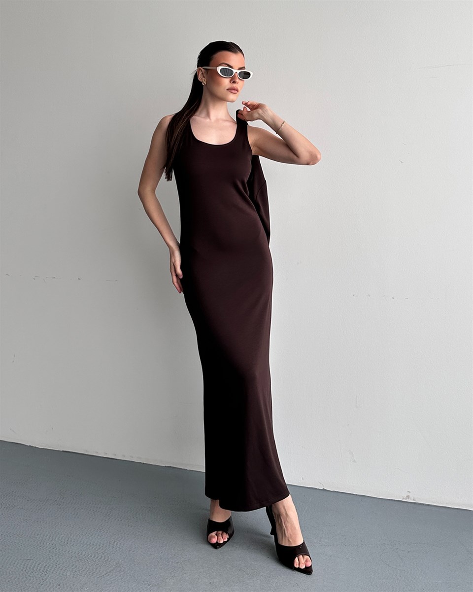 Kahverengi İki Parça Maxi Elbise