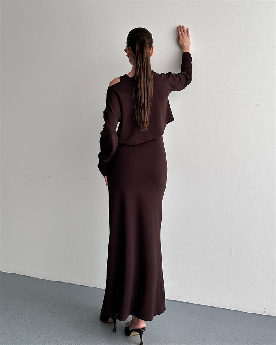 Kahverengi İki Parça Maxi Elbise