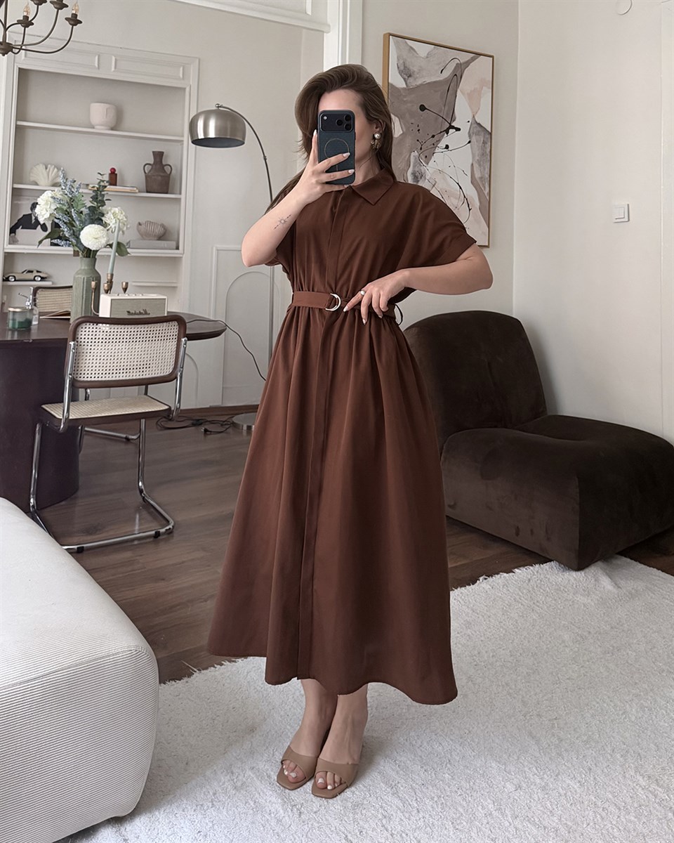 Kahverengi Kemerli Midi Elbise