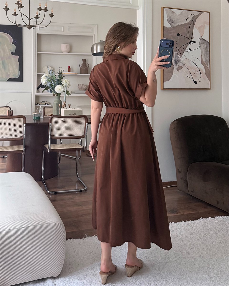 Kahverengi Kemerli Midi Elbise