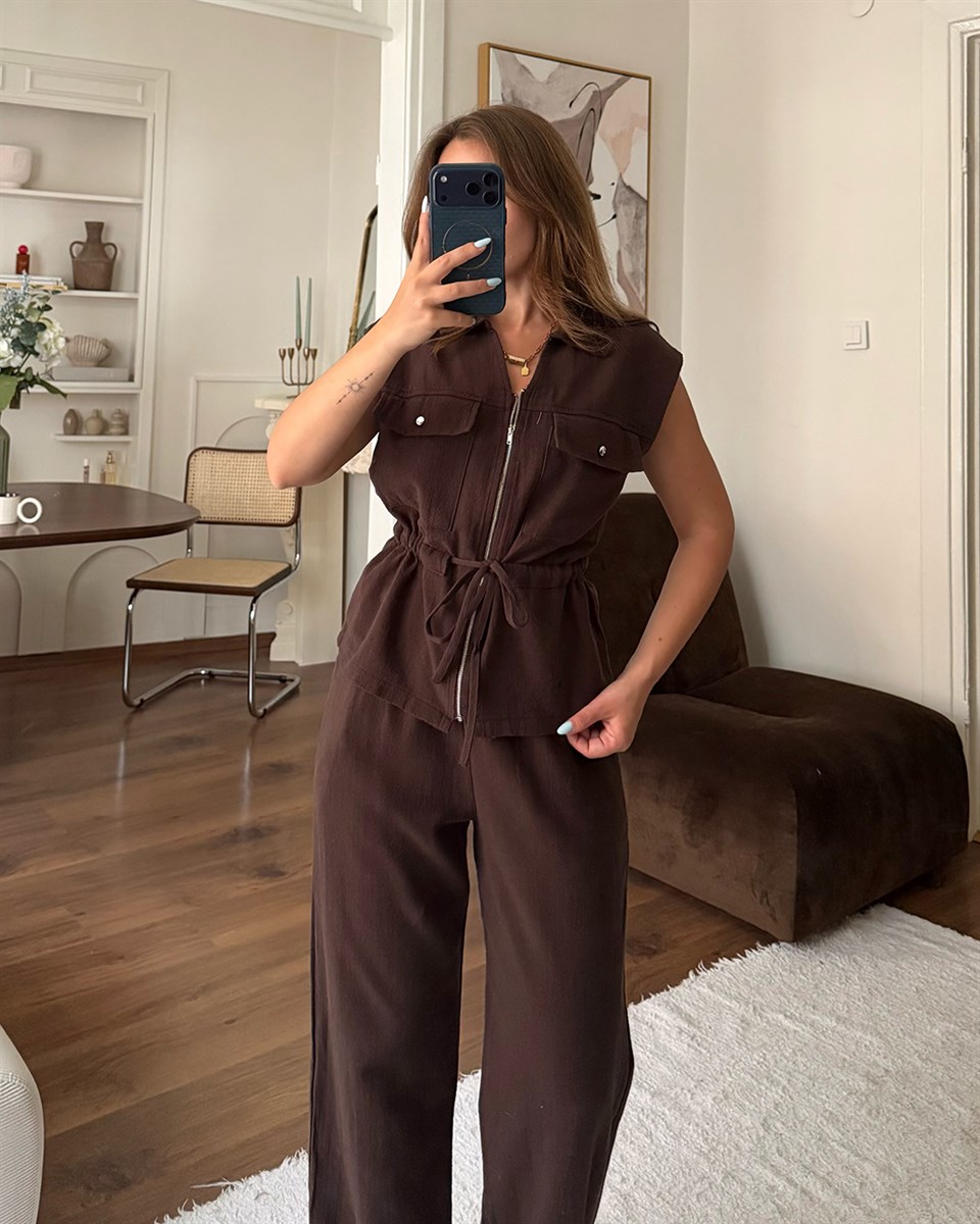 Kahverengi Keten Yelek Pantolon Takım