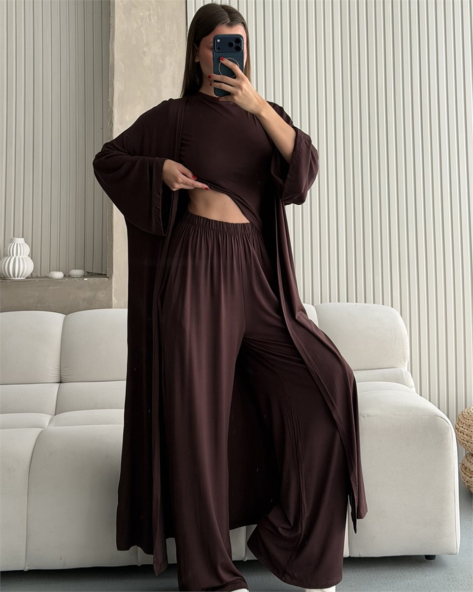Kahverengi Kimono Pantolon Bluz Üçlü Takım