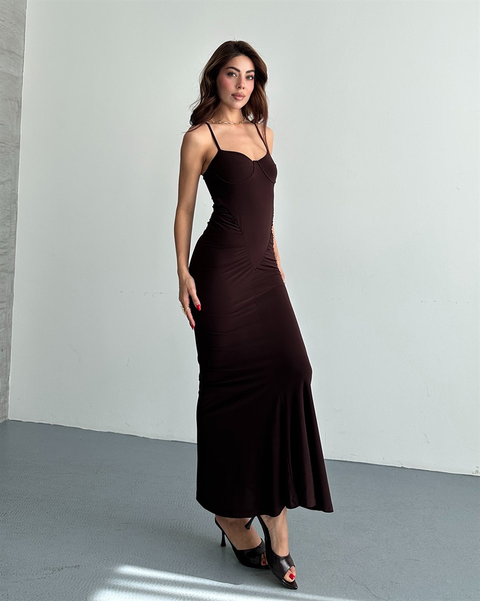 Kahverengi Korse Görünümlü Drapeli Elbise