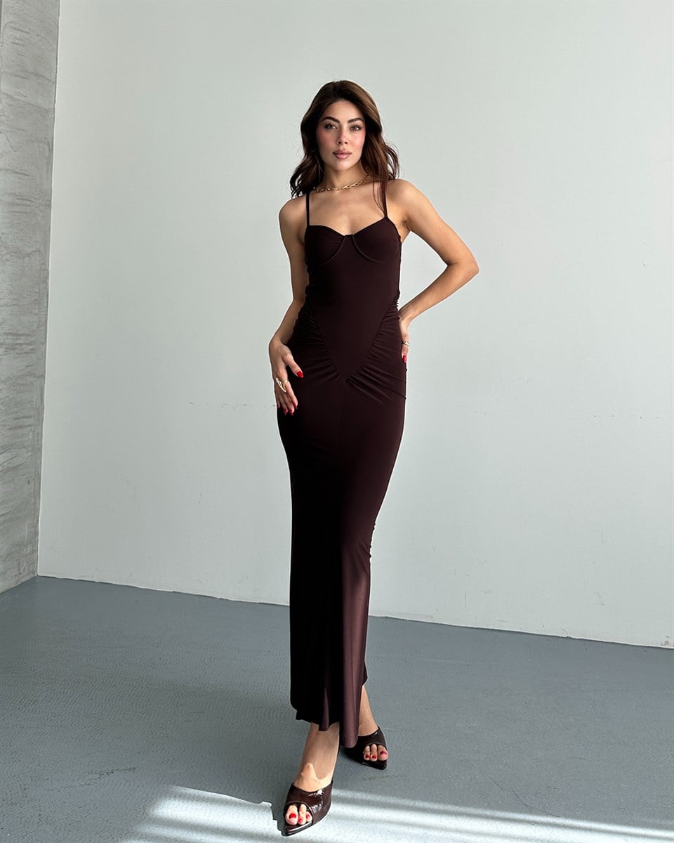 Kahverengi Korse Görünümlü Drapeli Elbise