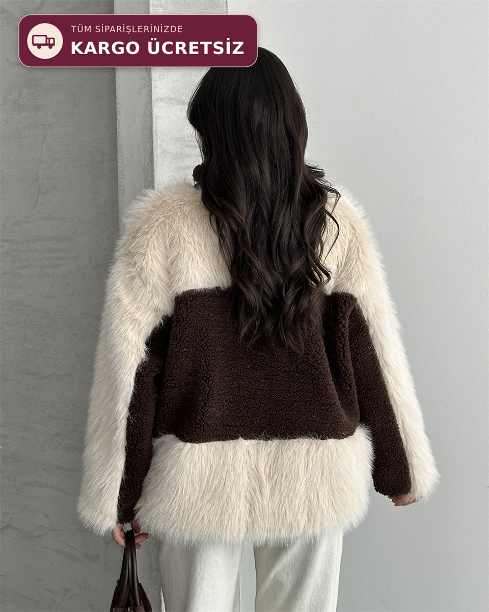 Kahverengi Kürk Detaylı Fermuarlı Peluş Mont