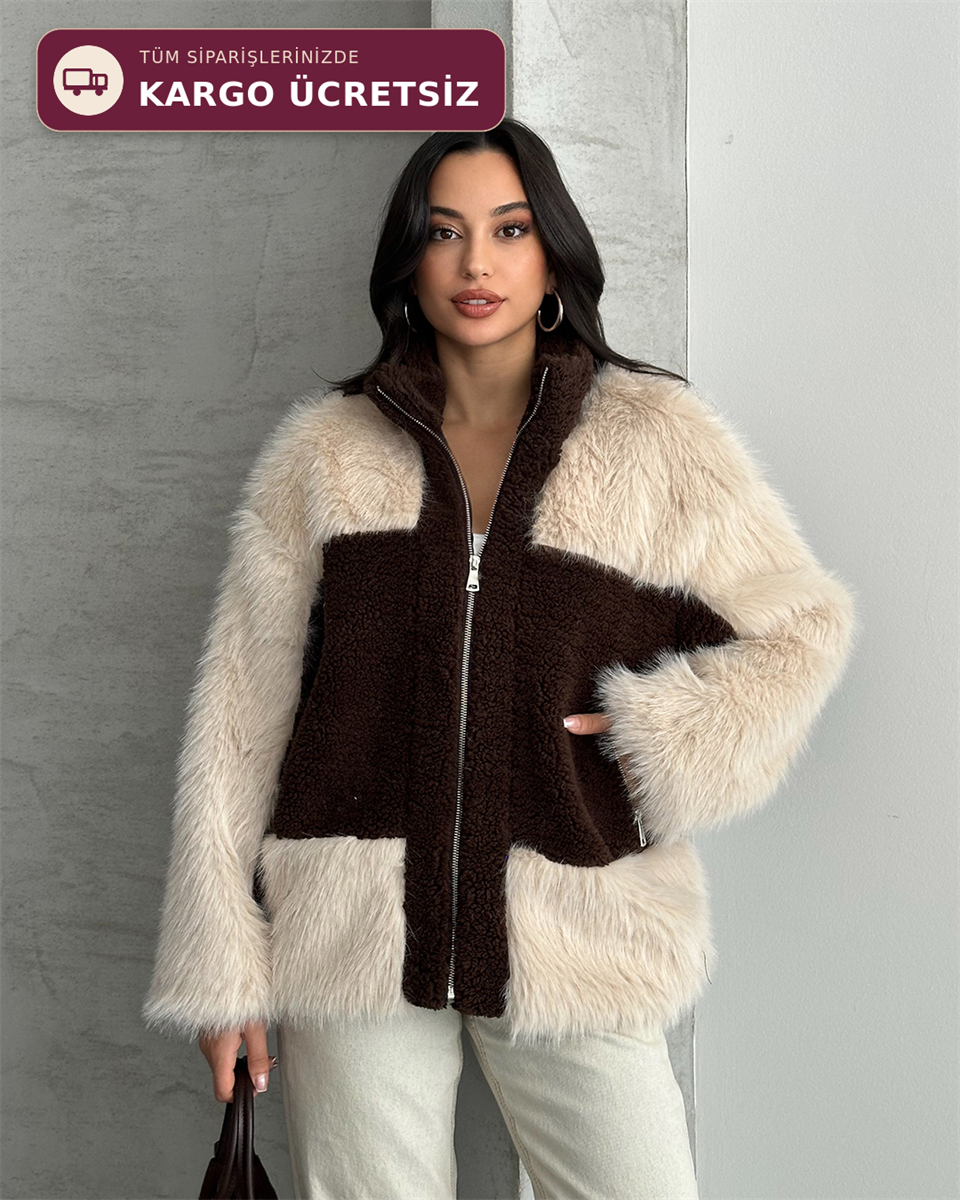 Kahverengi Kürk Detaylı Fermuarlı Peluş Mont