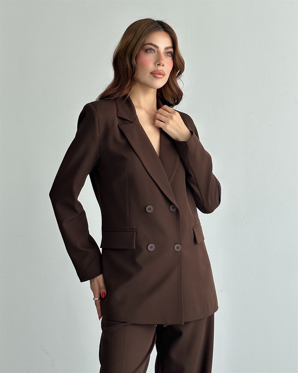 Kahverengi Oversize Blazer Ceket Pantolon Takım