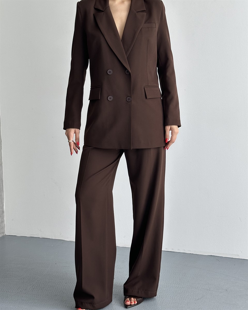 Kahverengi Oversize Blazer Ceket Pantolon Takım