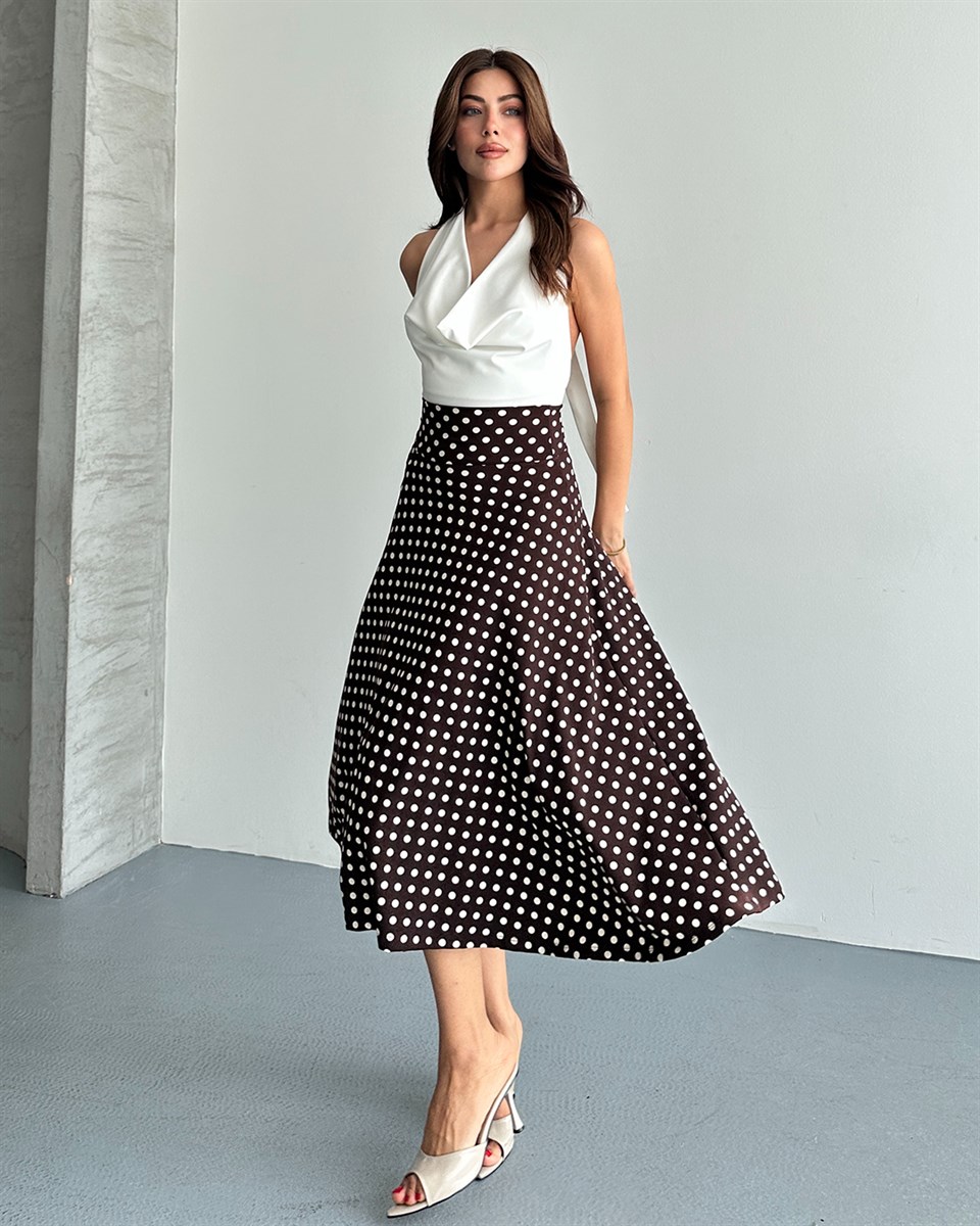 Kahverengi Puantiyeli Saten Midi Etek