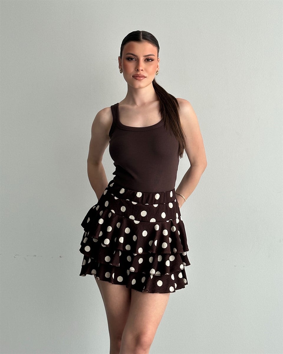 Kahverengi Puantiyeli Volanlı Şort Etek
