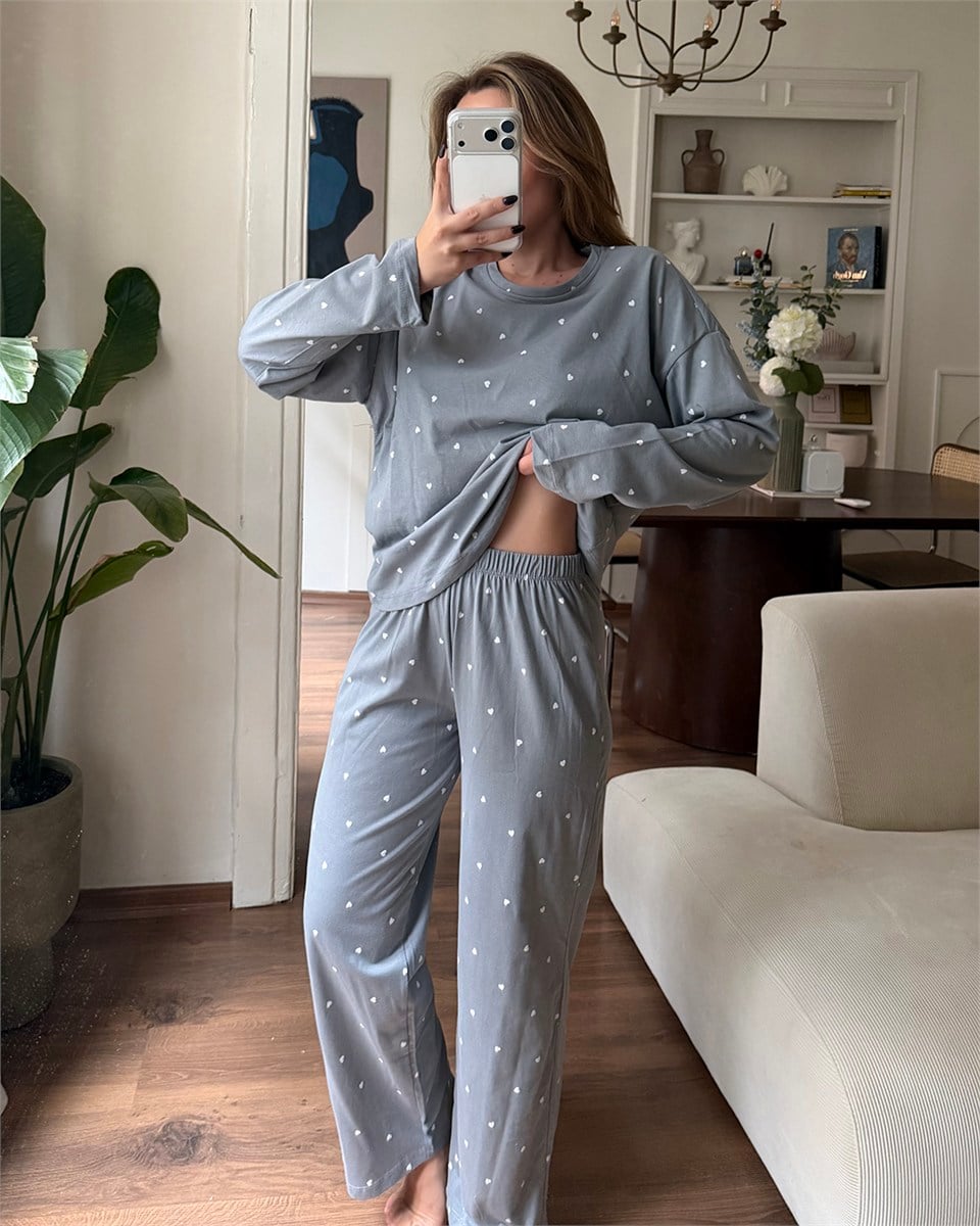 Kalp Desenli İkili Gri Pijama Takımı