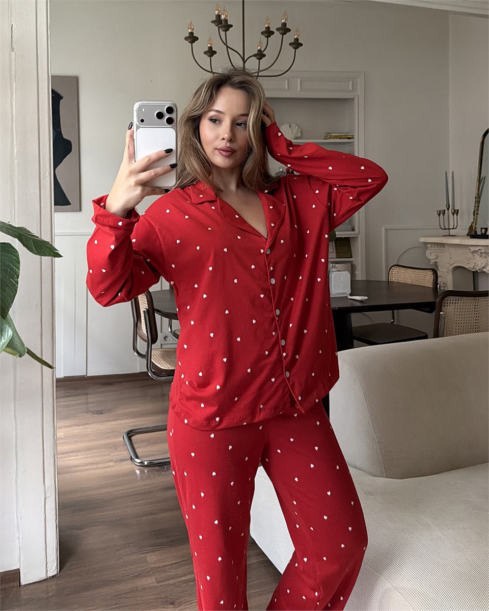 Kalp Desenli İkili Kırmızı Pijama Takımı