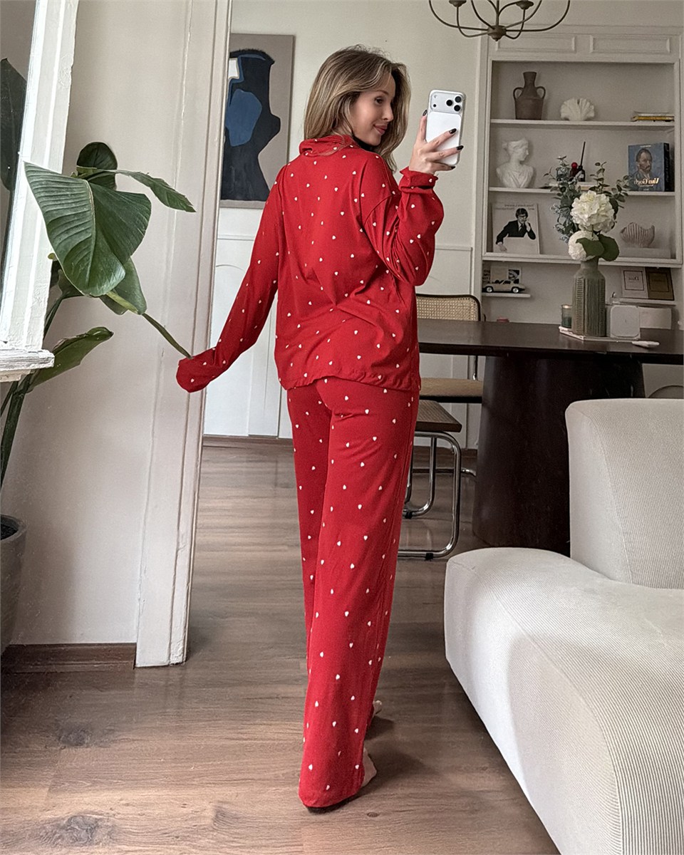 Kalp Desenli İkili Kırmızı Pijama Takımı