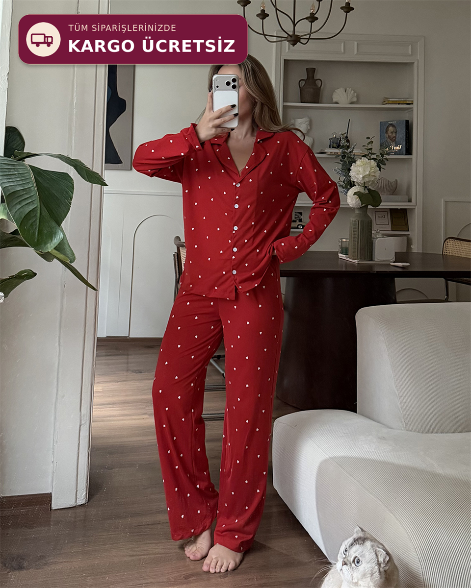 Kalp Desenli İkili Kırmızı Pijama Takımı