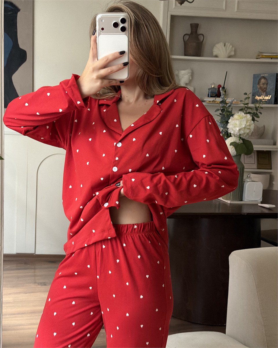 Kalp Desenli İkili Kırmızı Pijama Takımı