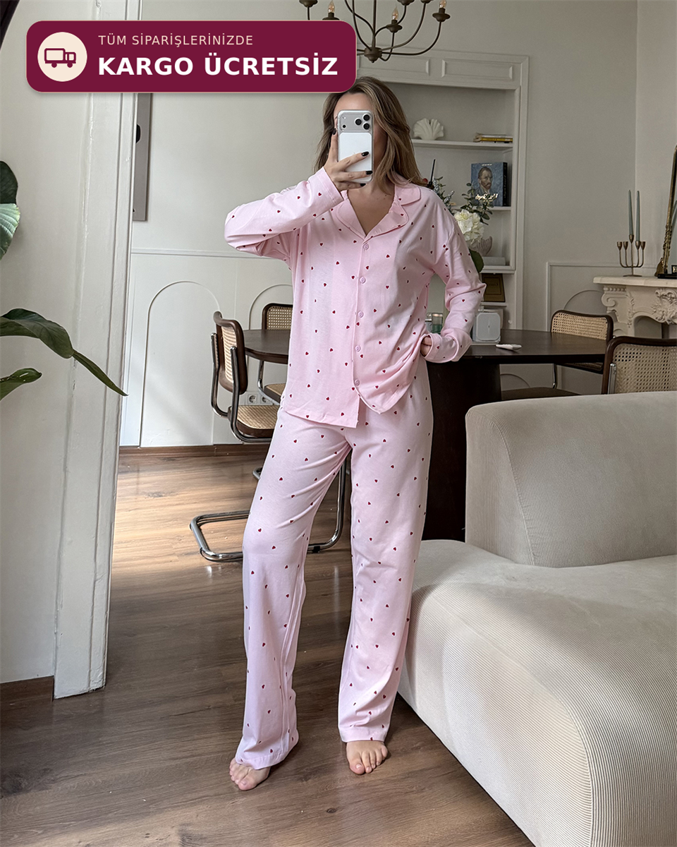 Kalp Desenli İkili Pembe Pijama Takımı