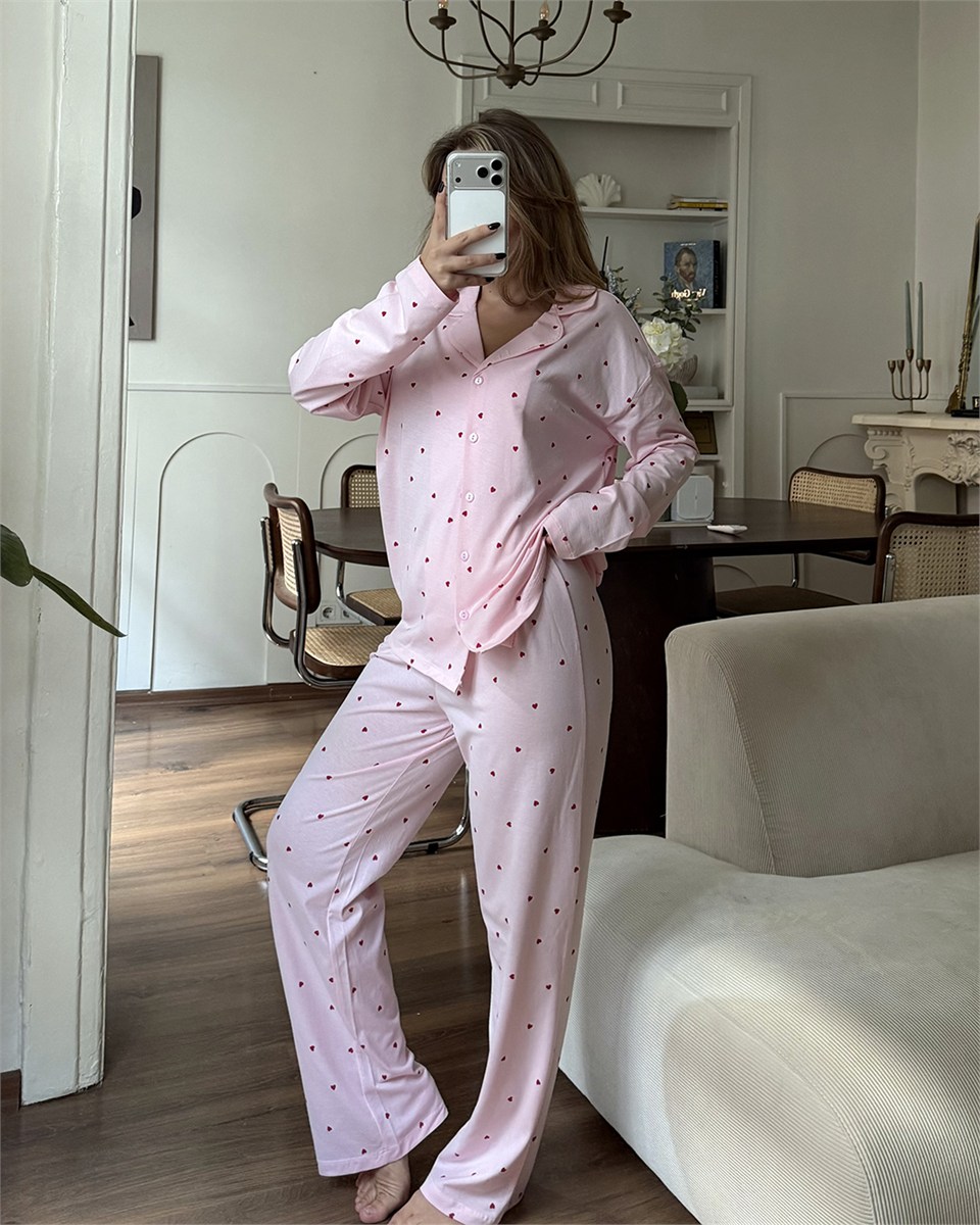 Kalp Desenli İkili Pembe Pijama Takımı