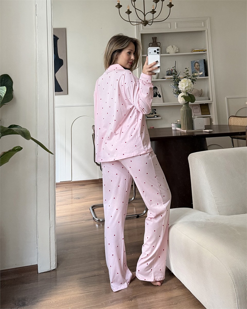 Kalp Desenli İkili Pembe Pijama Takımı