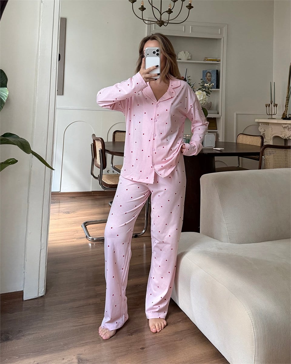 Kalp Desenli İkili Pembe Pijama Takımı