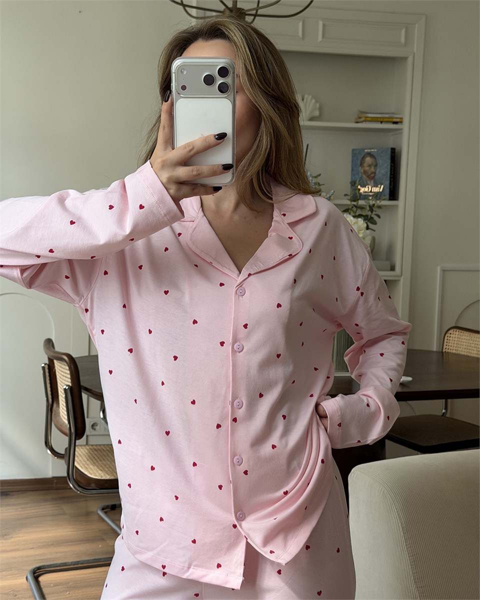 Kalp Desenli İkili Pembe Pijama Takımı