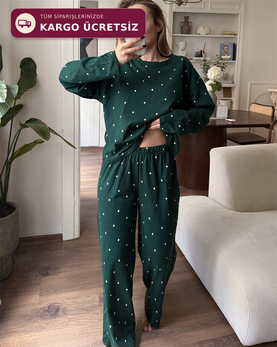 Kalp Desenli İkili Yeşil Pijama Takımı