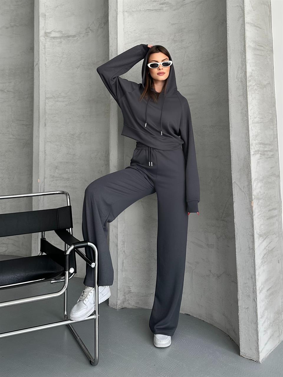 Kapüşonlu Antrasit Crop Eşofman Takımı