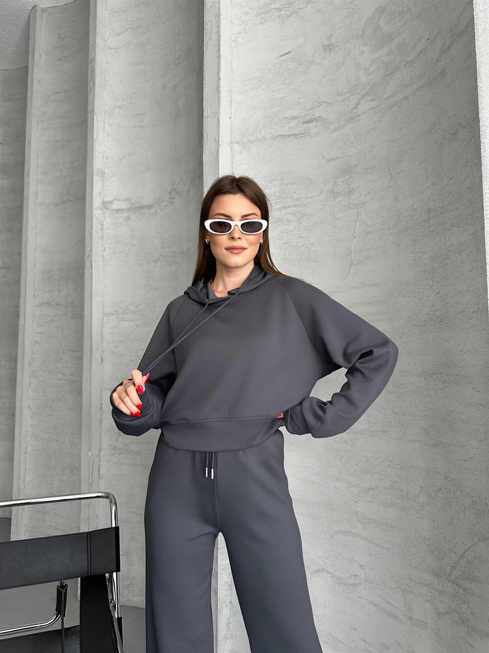 Kapüşonlu Antrasit Crop Eşofman Takımı