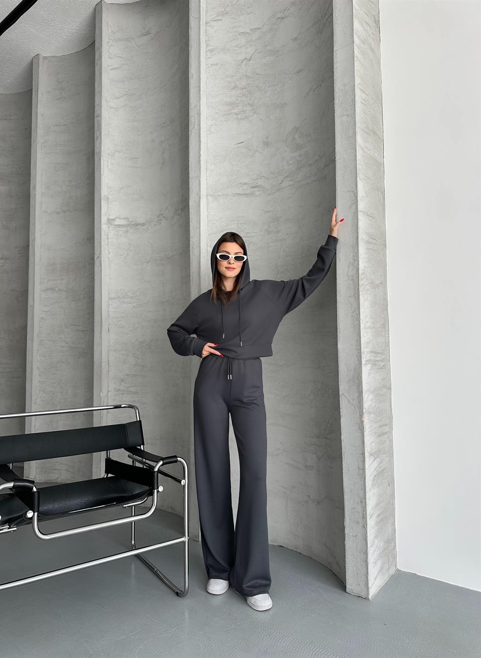 Kapüşonlu Antrasit Crop Eşofman Takımı