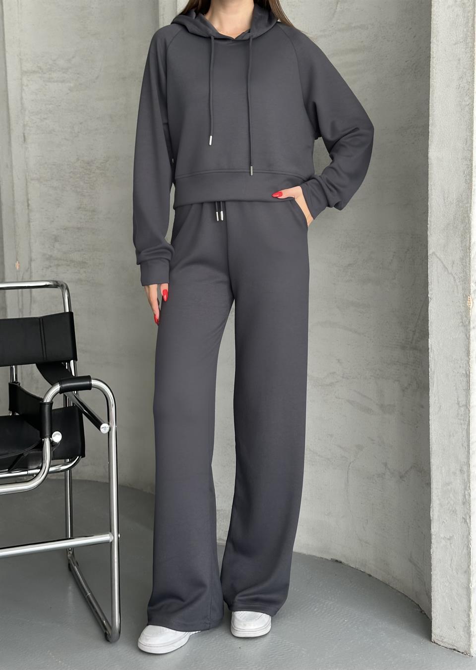 Kapüşonlu Antrasit Crop Eşofman Takımı