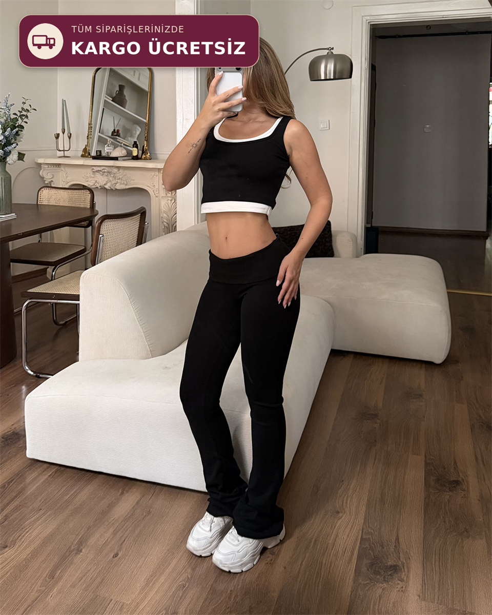 Crop Kapüşonlu Taytlı Üçlü Siyah Takım