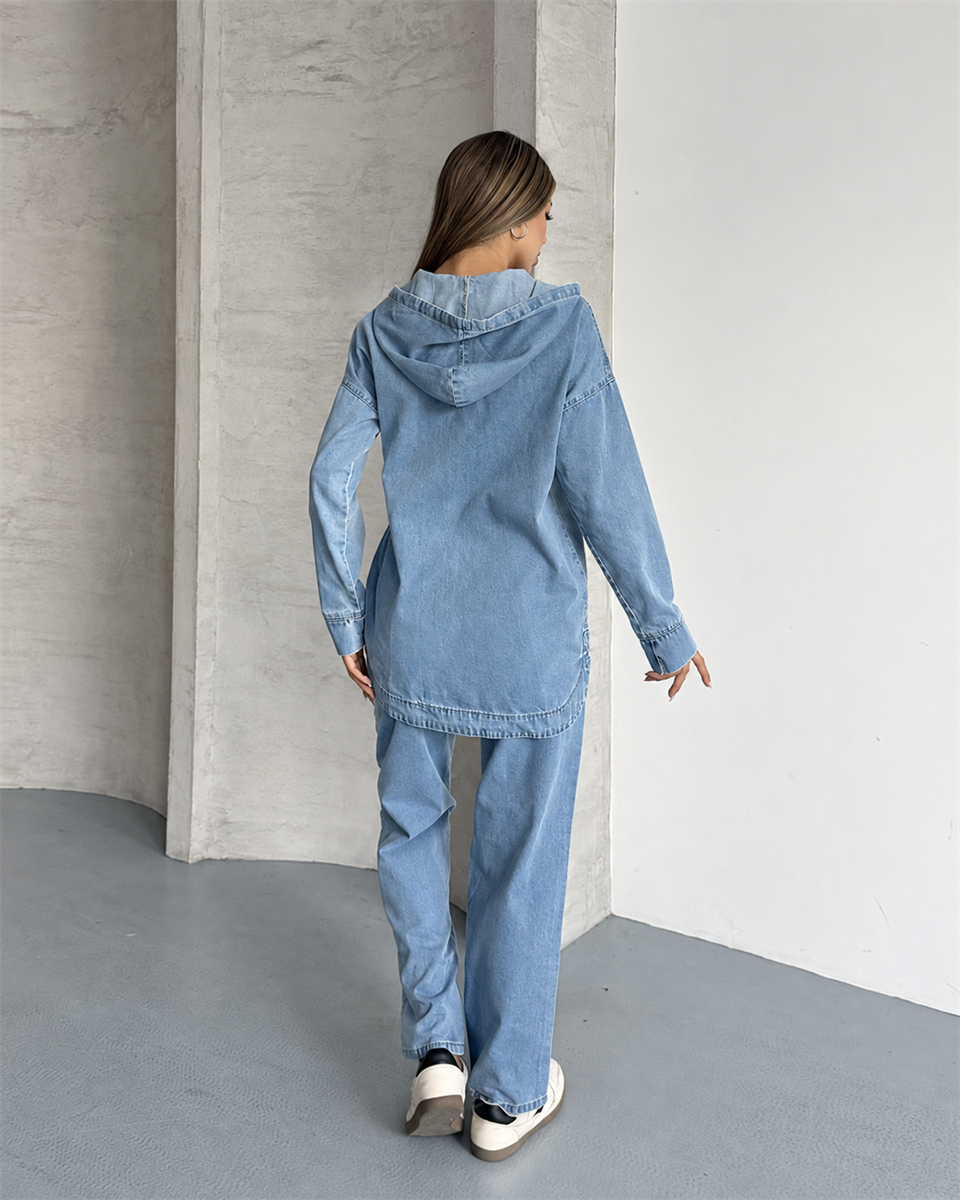 Kapüşonlu Denim Ceket Pantolon İkili Takım