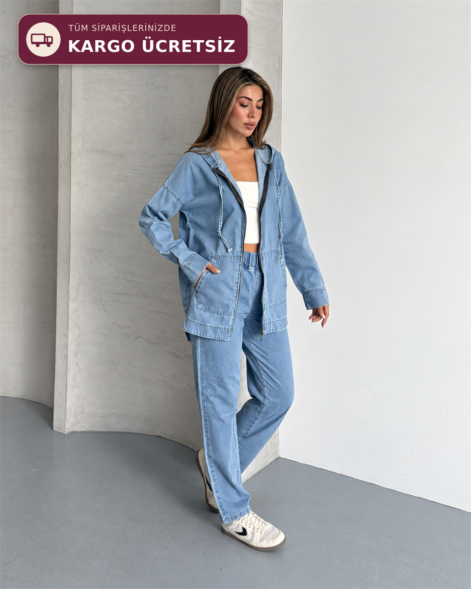 Kapüşonlu Denim Ceket Pantolon İkili Takım
