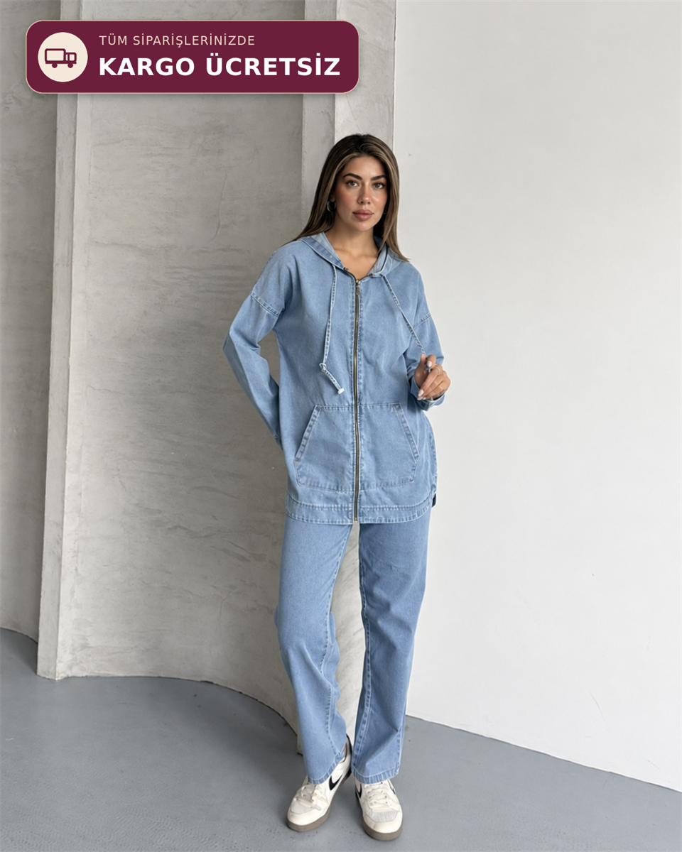Kapüşonlu Denim Ceket Pantolon İkili Takım