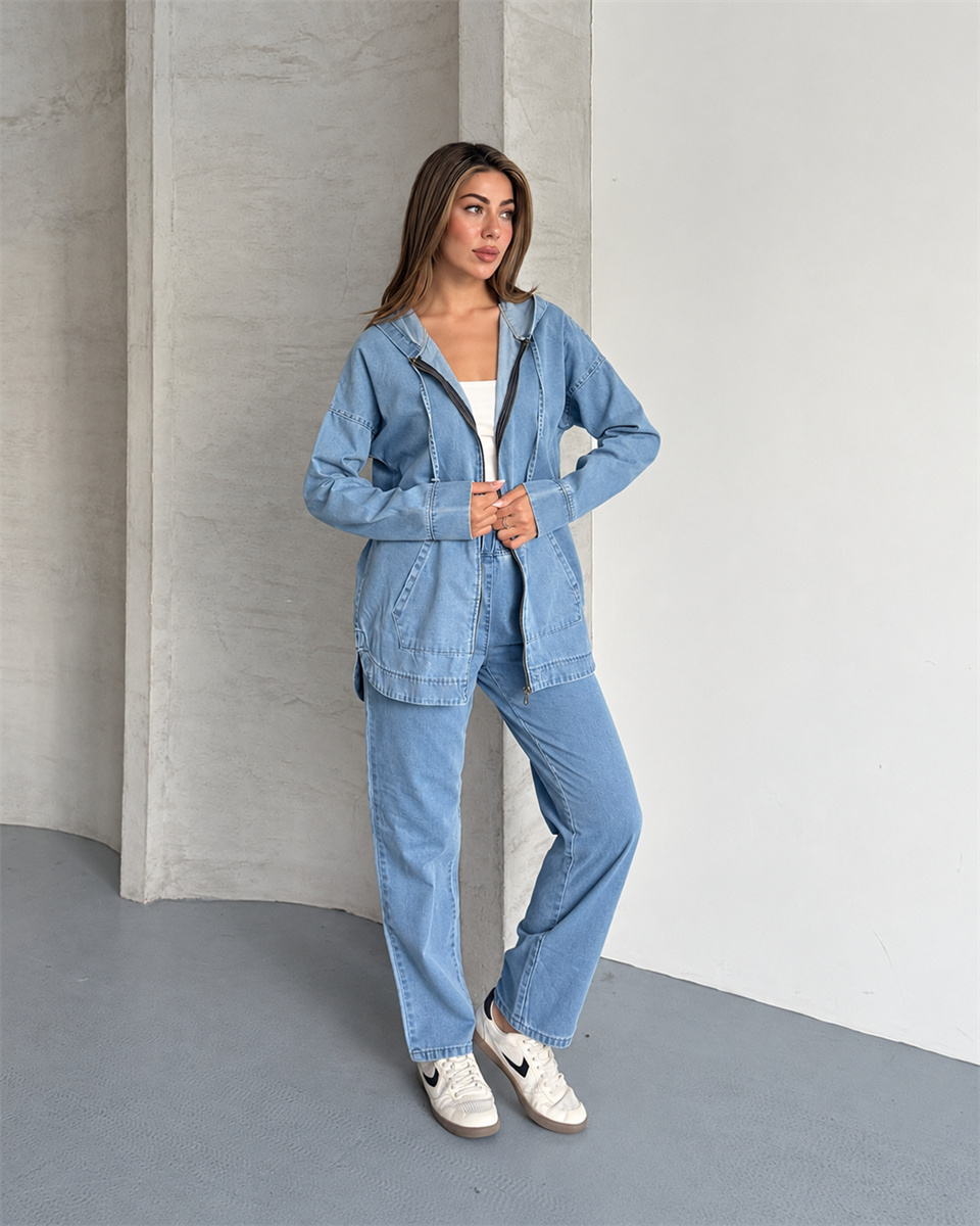Kapüşonlu Denim Ceket Pantolon İkili Takım