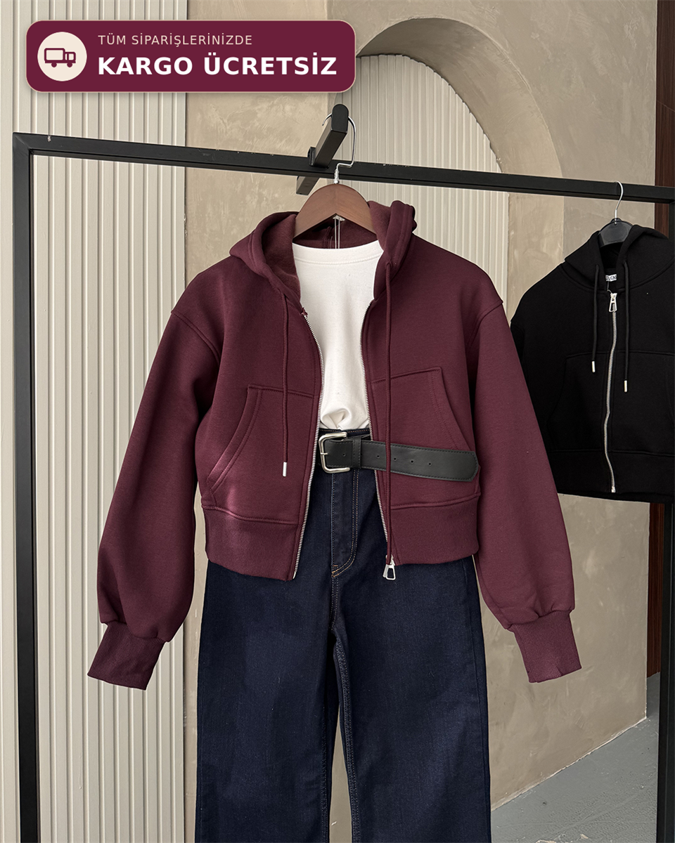 Kapüşonlu Fermuarlı Crop Bordo Sweatshirt