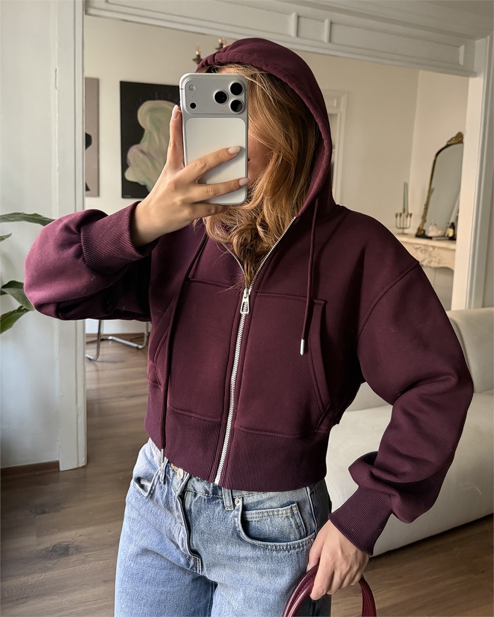 Kapüşonlu Fermuarlı Crop Bordo Sweatshirt
