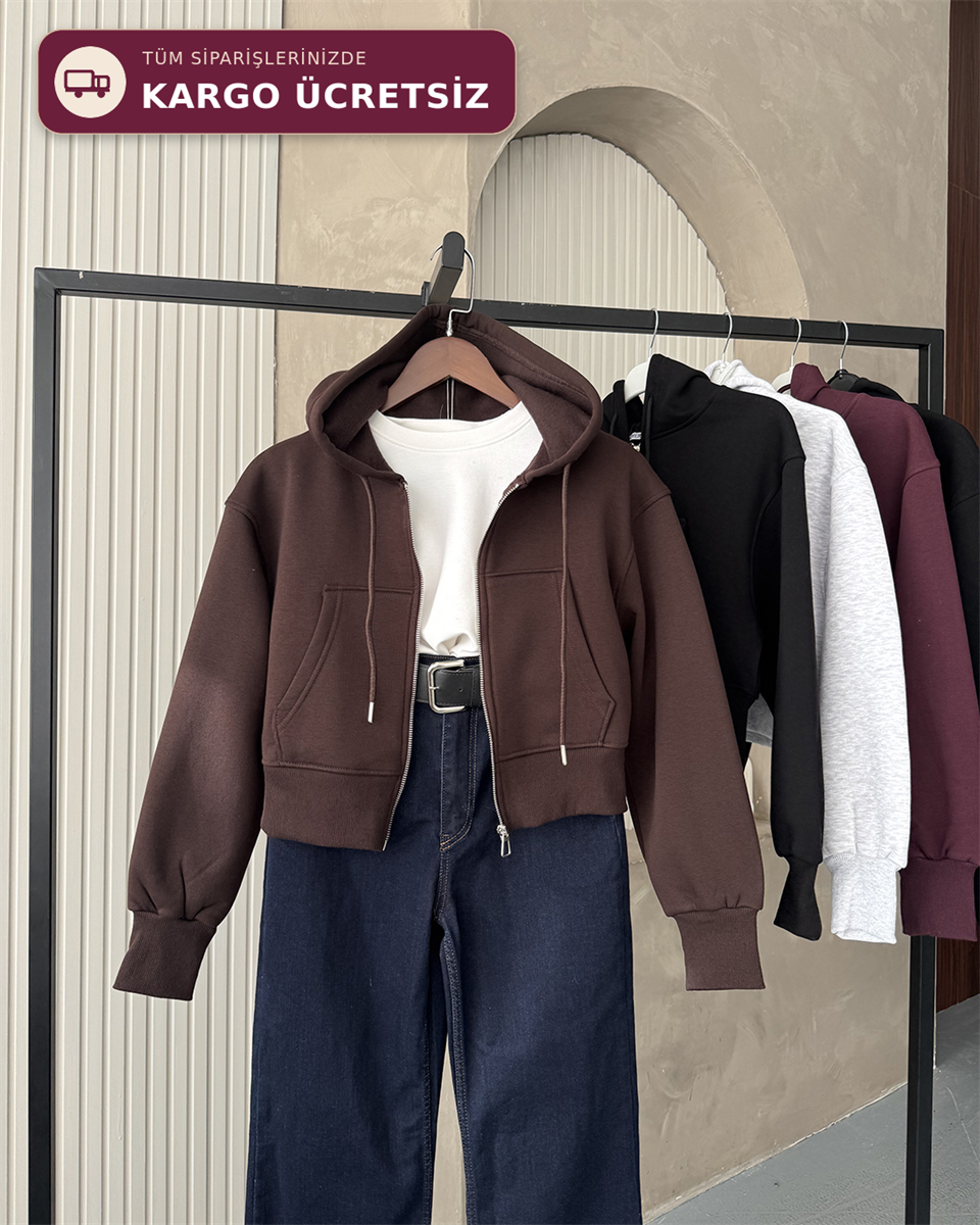 Kapüşonlu Fermuarlı Crop Kahverengi Sweatshirt