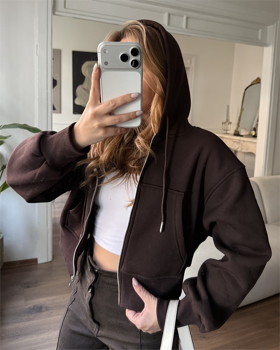 Kapüşonlu Fermuarlı Crop Kahverengi Sweatshirt