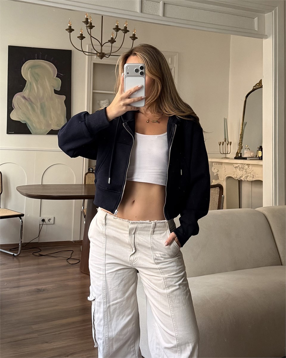 Kapüşonlu Fermuarlı Crop Lacivert Sweatshirt