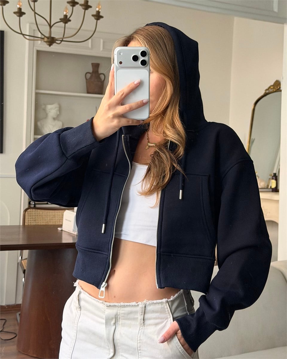 Kapüşonlu Fermuarlı Crop Lacivert Sweatshirt