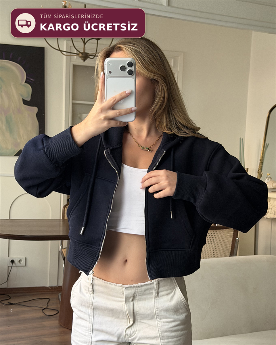 Kapüşonlu Fermuarlı Crop Lacivert Sweatshirt