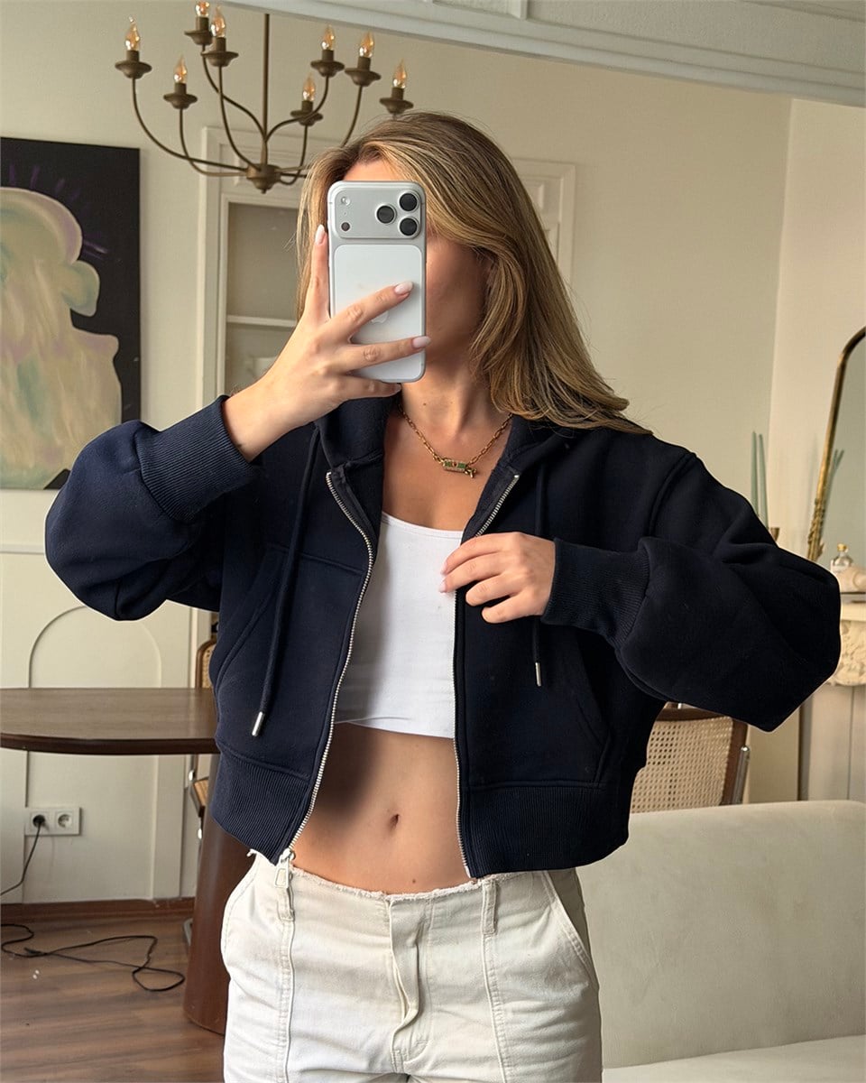 Kapüşonlu Fermuarlı Crop Lacivert Sweatshirt