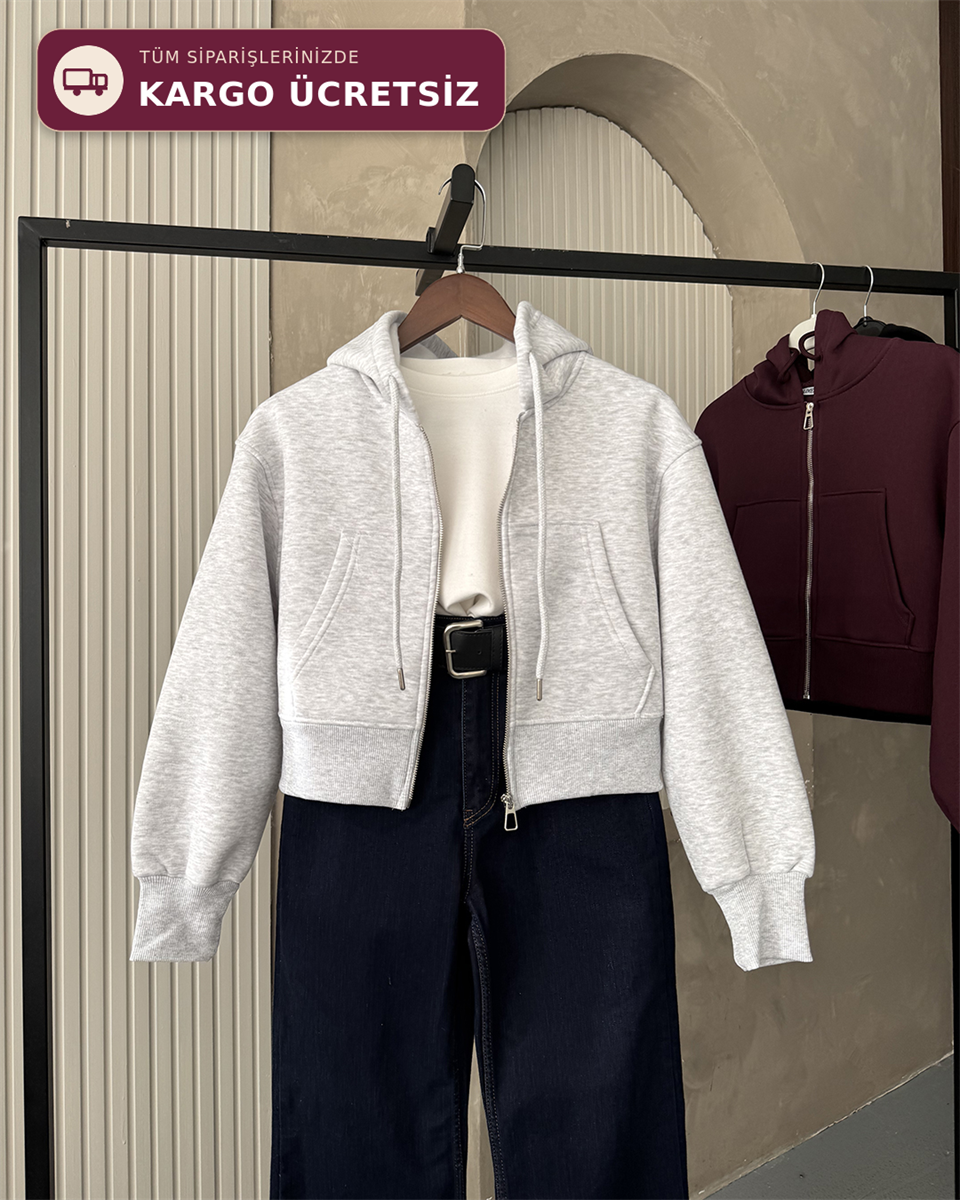 Kapüşonlu Fermuarlı Crop Melanj Sweatshirt