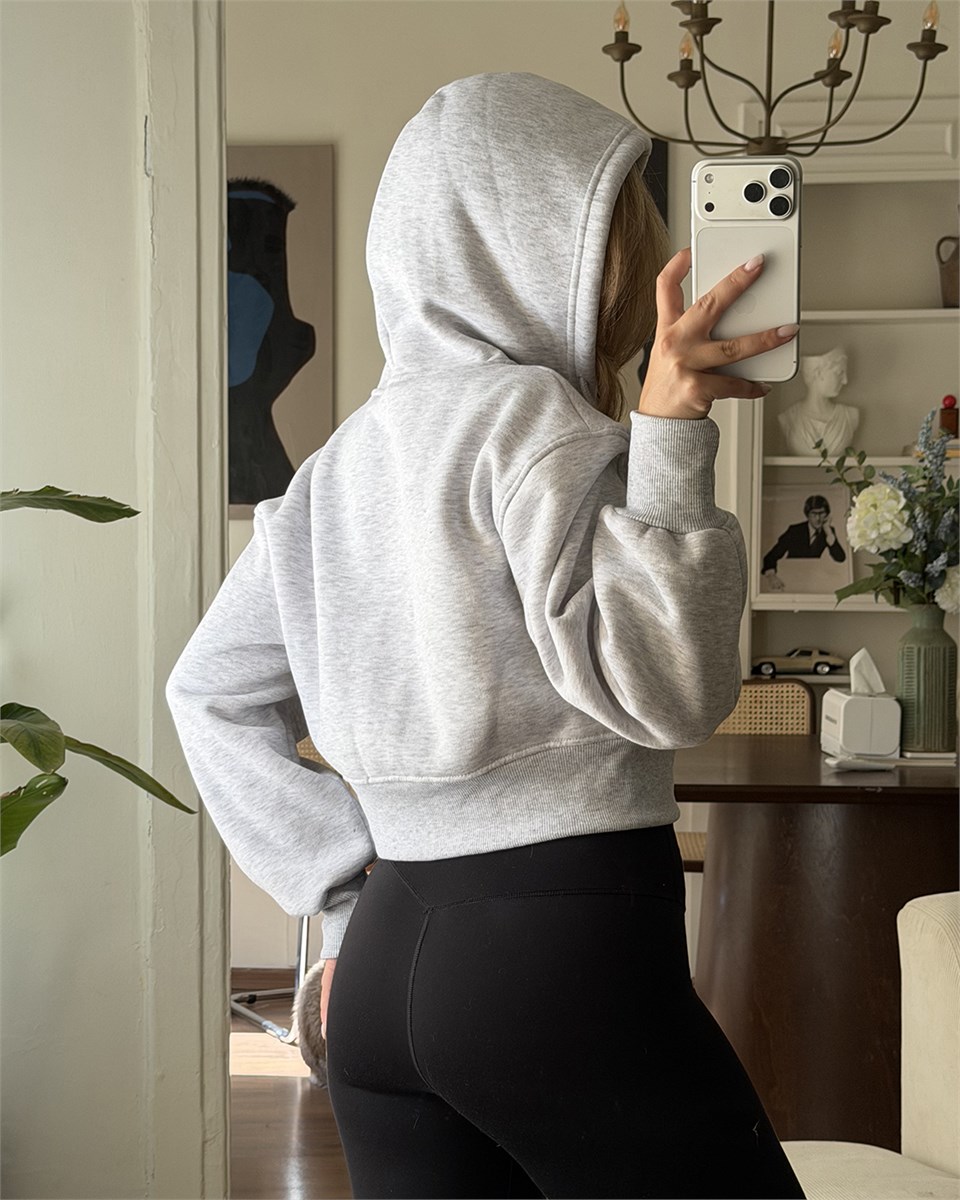 Kapüşonlu Fermuarlı Crop Melanj Sweatshirt